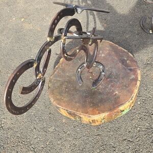 Rustic Metal Bicycle Sculpture on Wooden Base
